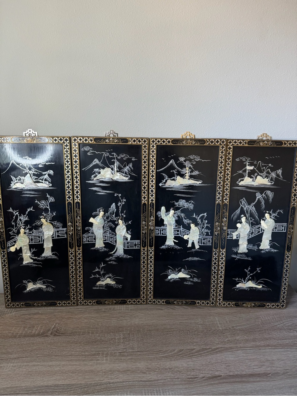 Vintage Asian Mother of Pearl Inlay Black Lacquer Wall Panels Set of 4 25”